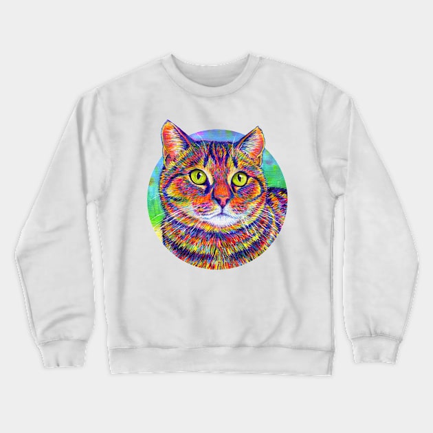 Colorful Rainbow Brown Tabby Cat Crewneck Sweatshirt by rebeccawangart